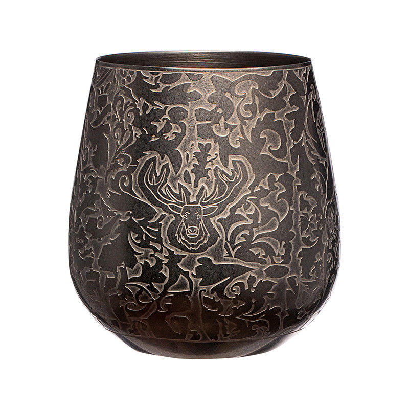 Vidrio de vino de acero inoxidable con forma de huevo grabado con diseño de cigüeña vintage de color plateado