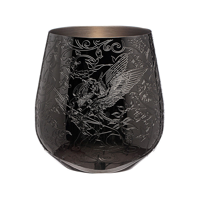 Elegante pared única de acero inoxidable negro de vidrio de vino con forma de huevo grabado con diseño de hadas y castillos