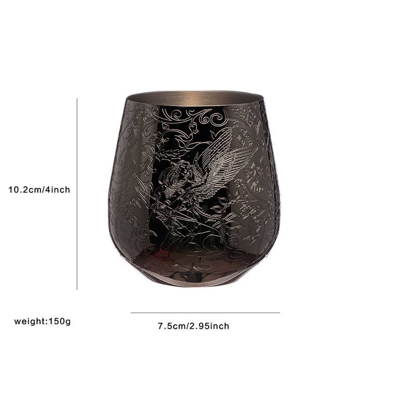 Elegante pared única de acero inoxidable negro de vidrio de vino con forma de huevo grabado con diseño de hadas y castillos