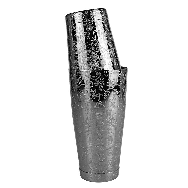 Prueba de grado alimenticio Certificado de acero inoxidable Boston Shaker con diseño de grabado para el servicio de bar